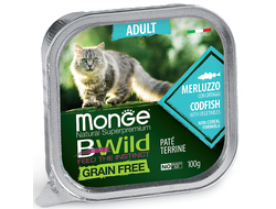 Влажный корм Monge Cat BWild GRAIN FREE для кошек, беззерновой, из трески с овощами, консервы 100 г