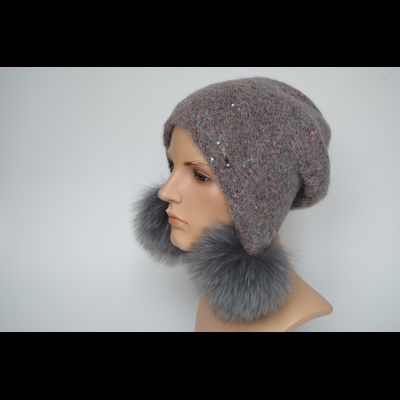 Шапка ушанка Vizio Италия 1010 PP 66  с помпонами серо - розовая