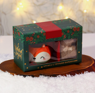 Набор «Счастье новогоднее»: кружка большая Лиса 400 мл, варежки