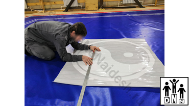 Нанесение разметки и логотипа на помост на ПВХ тент для помоста ушу саньда