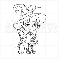 штамп маленькая ведьма с метлой