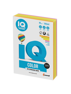 Бумага цветная IQ color, А4, 80 г/м2, 200 л., (4 цвета x 50 листов), микс неон, RB04