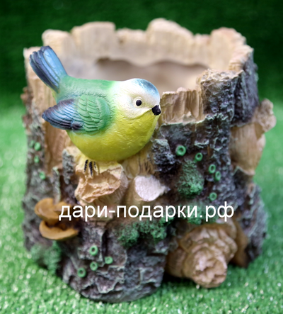 Кашпо Синичка на пне 20*19см   0,7кг    полистоун Россия 870//011148
