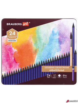 Карандаши художественные цветные акварельные BRAUBERG ART PREMIERE, 24 цвета, грифель 4 мм, металл. 181534
