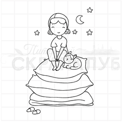 штамп девочка с кошкой на подушках