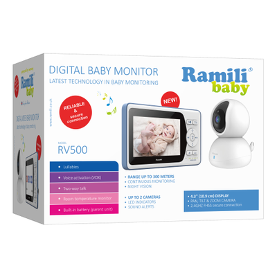 Видеоняня Ramili Baby RV500 с экраном 10,9 см и одной поворотной видеокамерой (встроенные аккумуляторы в монитор в идеокамеру)
