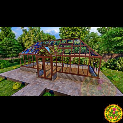 Базовая комплектация теплицы в английском стиле с холлом из стекала и алюминия ВИКТОРИЯ SL размером 8000 х 3000 мм