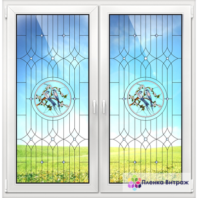 Витражная пленка, витражная пленка самоклеющаяся под заказ,пленочный витраж флора с птицами
