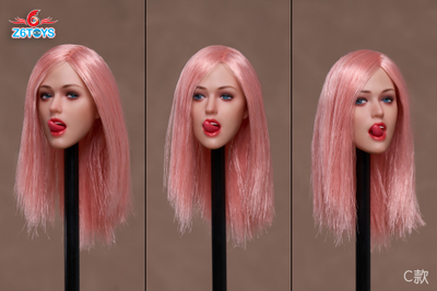 Женская голова (скульпт) с длинными розовыми волосами, подвижными глазами и отдельным языком - 1/6 scale Sexy Expression movable eyes female head sculpt (ZC009C) - Z6TOYS