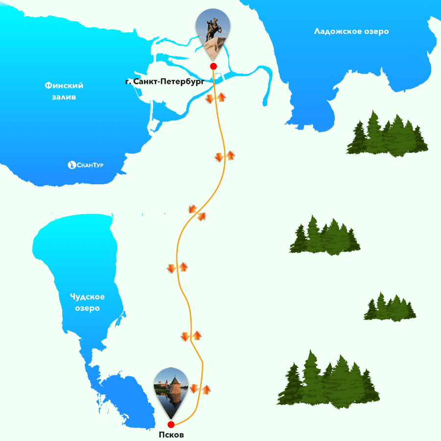 карта маршрута в Псков 1 день