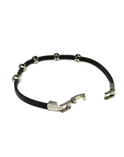 (АРТИКУЛ: 8597/22) БРАСЛЕТ ЖЕНСКИЙ, ЧЕРНАЯ КОЖА, БЕЛЫЙ МЕТАЛЛ, БЕЛЫЕ СТРАЗЫ