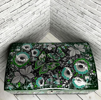 Шкатулка сундук для украшений серебристо-зеленая 300*180 мм роспись Хохлома