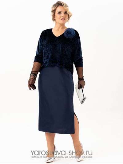 Эффектное бархатное платье-имитация костюма в синем цвете