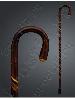 Опорная трость с крюкообразной ручкой и резьбой по шафту коричневого цвета