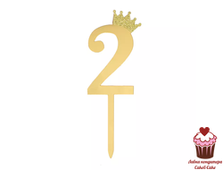 Топпер Цифра 2 с короной, золото, акрил  (10,5см)