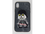 Защитная крышка iPhone X черная с вышивкой 'Кот'