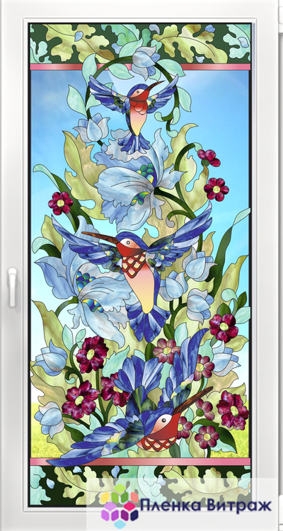 Витражная пленка, витражная пленка самоклеющаяся под заказ,пленочный витраж флора с птицами колибри