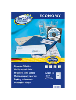 Этикетки самоклеящиеся Europe ELA001-18, 38x21,2мм,65шт на листе А4 18 листов в упаковке