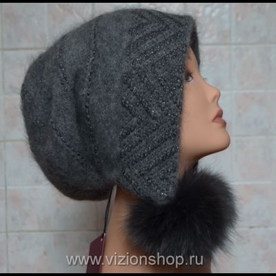 Серая женская шапка ушанка с помпонами  2018 Vizio Визио Италия 5854