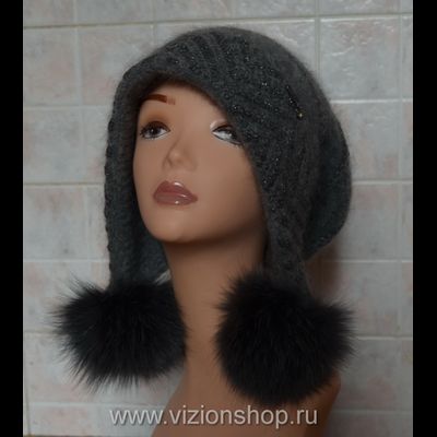 Серая женская шапка ушанка с помпонами  2018 Vizio Визио Италия 5854