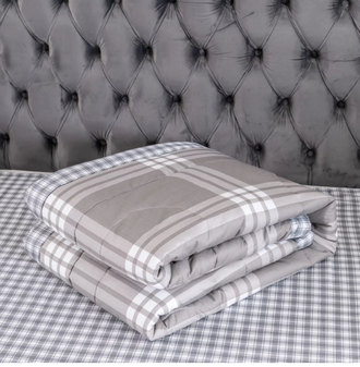 Комплект постельного белья Евро сатин простынь на резинке с одеялом покрывалом рисунок серо-синяя Клетка OBR107
