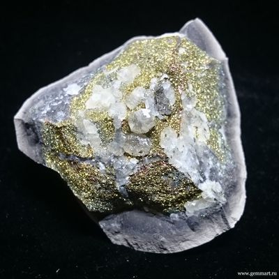 Пирит, "Спектропирит", кальцит в полости конкреции. Россия. 50*50*31мм