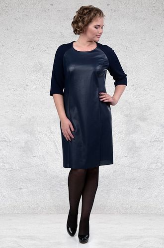 Платье комбинированное эко-кожей Мари-Лайн-1598/1- темно-синий (52-62)