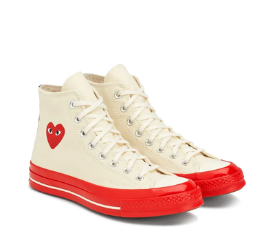 белые высокие кеды Converse Comme des Garcons PLAY с красной подошвой фото