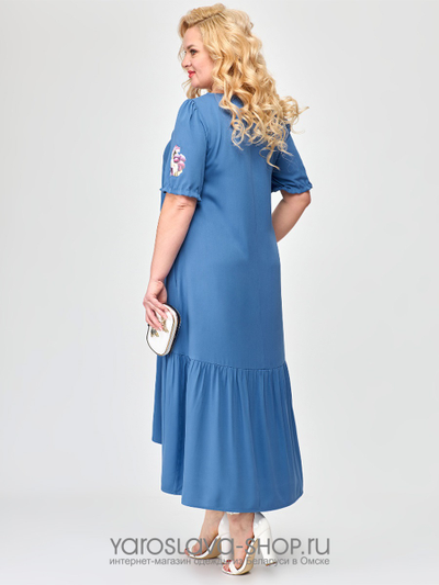 Летнее сине- голубое платье А-силуэта с воланом