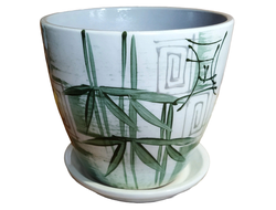 Белый с зеленым необычный цветочный горшок из керамики с рисунком "бамбук" диаметр 15 см