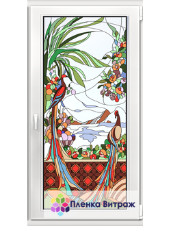 Витражная пленка, витражная пленка самоклеющаяся под заказ,пленочный витраж флора с птицами