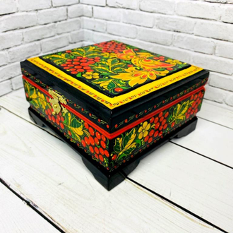 Шкатулка для украшений Птица с рябиной 120*115 мм деревянная с росписью Хохлома