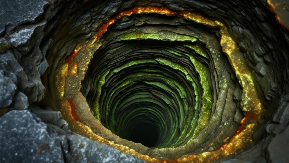 Глубинная артезианская скважина в разрезе среди скальных пород