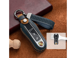 Синий чехол из кожи для смарт ключа Порше нового поколения. Комбинация синей и коричневой кожи