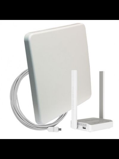 Комплект WiFi 3G/4G - панельная секторная антенна 1700-2700 МГц MIMO 18 дБ со встроенным модемом, USB кабель 10 м, Wi-Fi роутер 2.4 ГГц, LAN-3, кронштейн стеновой
