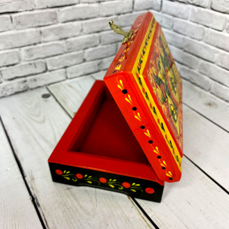 Шкатулка для хранения украшений Цветы красная 120*80 мм с росписью Хохлома