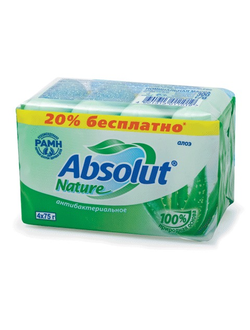 Мыло туалетное антибактериальное 300 г ABSOLUT (Абсолют) КОМПЛЕКТ 4 шт. х 75 г "Алоэ",без триклозана, 6065