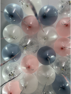 Шары розовый, голубой ретро, белый, с конфетти 20 штук под потолок