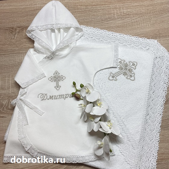 Крестильная рубашка "Светлое Таинство", распашная спереди, ткань и цвет крестика - на выбор, можно вышить любое имя