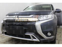 Защита радиатора Mitsubishi Outlander III 2018- (3 части) black с парктроником и камерой PREMIUM