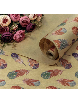 Бумага крафт упаковочная для подарков\цветов (принт "Перо" крафт/цв.), 70см*10м