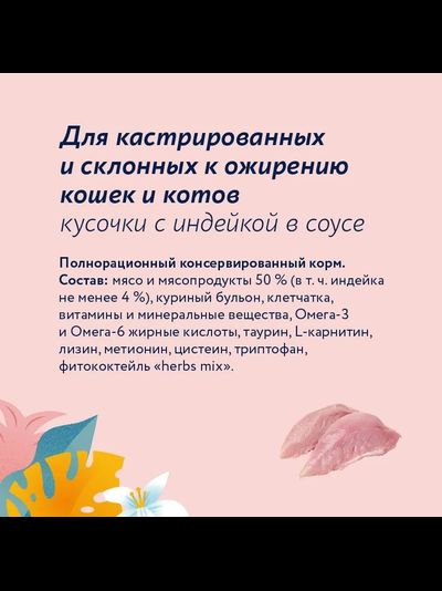 Florida (Флорида) влажный корм (пауч) для кастрированных и склонных к ожирению кошек и котов, индейка в соусе 85 г