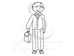 Штамп мальчик ученик в костюме с портфелем в руках