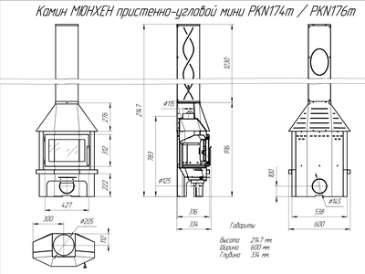 Камин Мюнхен пристенно угловой мини черный / графит, Экокамин (Россия)