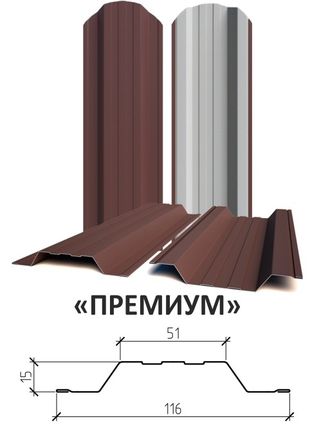 Металлический штакетник Премиум, ширина 116 мм (завальцованные края)
