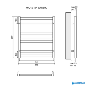 Полотенцесушитель электрический Lemark Mars LM35607E П7 500x600, левый/правый