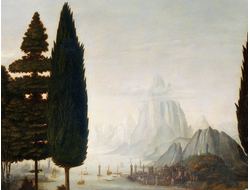 Картина обогреватель, репродукция Леонардо да Винчи Благовещение - пейзаж (фрагмент)