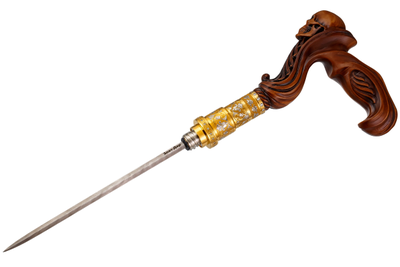 Дубовая резная трость с классической рукоятью с черепом и инкрустацией по шафту