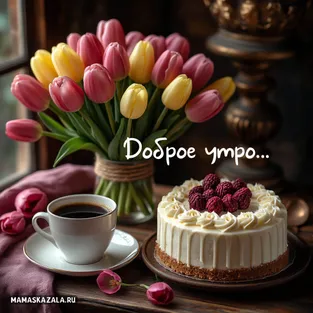 Открытка с тортом и тюльпанами- доброе утро