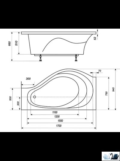 Ванна Эстет Грация 170 x 94 см, каменная левая, угловая, асимметричная